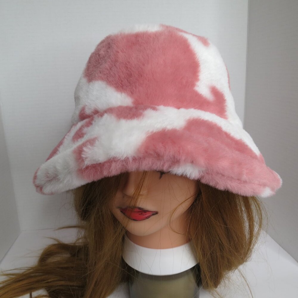 Pink and White Cow Print Faux Fur Fuzzy Bucket Hat